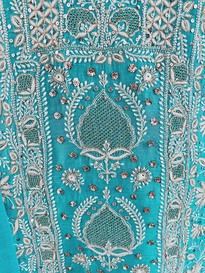 Pure Munga Silk Chikankari with Embellishments | Turquoise Classic