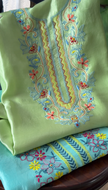 Pure Handwoven Silk Kurta Set with Multi Color Chikankari