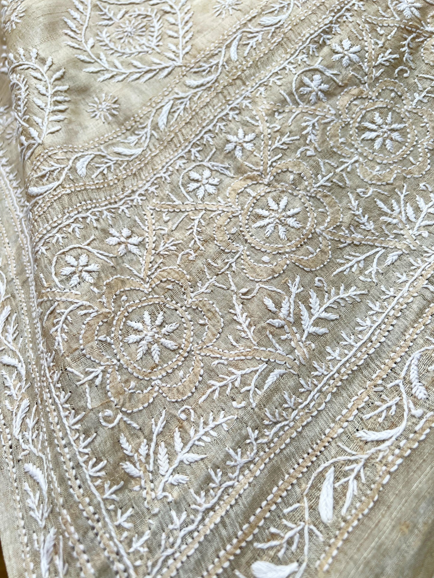 Close up of Pure Tussar Silk Saree With Chikankari 