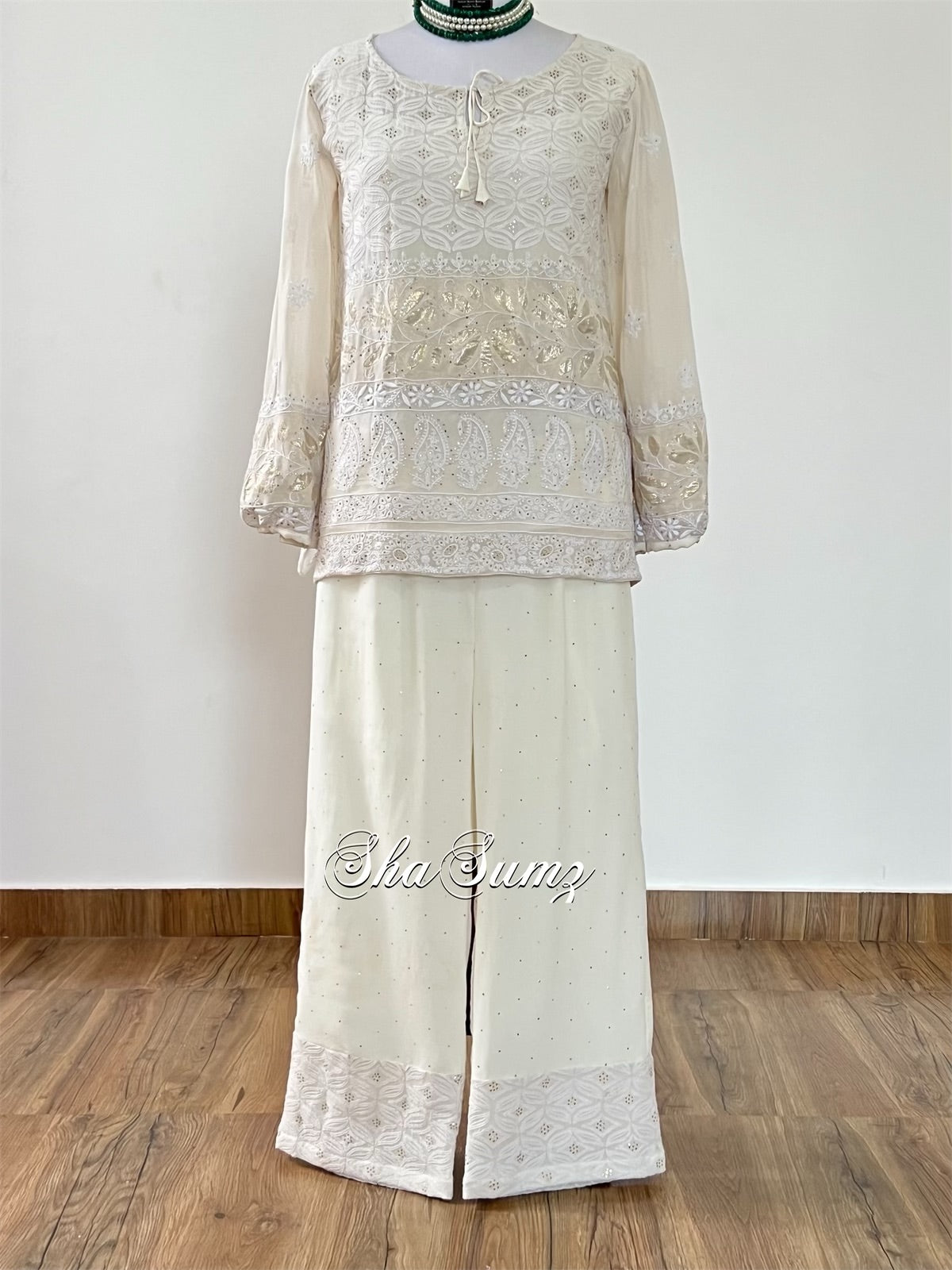 Ivory Chikankari & Mukaish Co-Ord Set with Tissue Applique