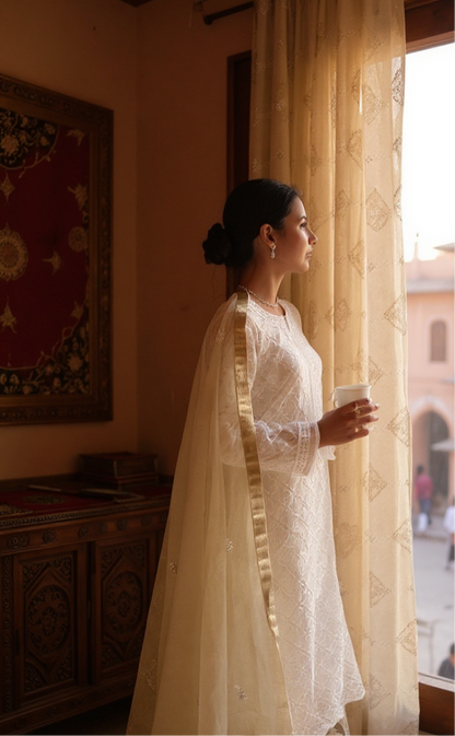 Mul Chanderi Kurta with Chikankari & Haath Jaali