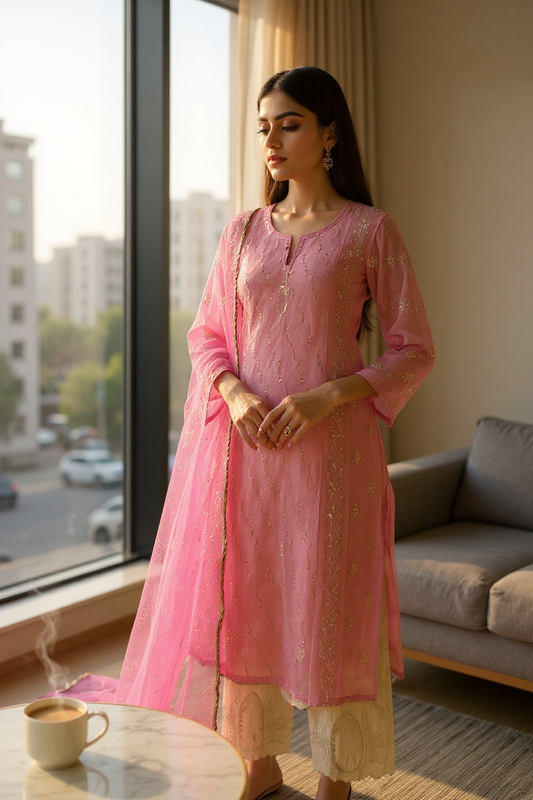 Model wearing a Pink Organza Suit with Mukaish embroidery, styled elegantly in a modern living room.