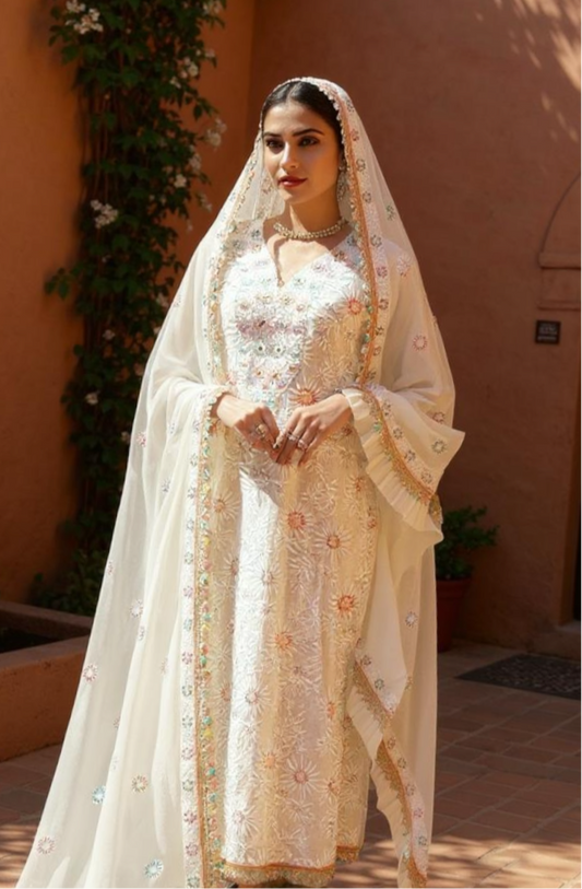 Off White Chikankari and Embellishments Suit