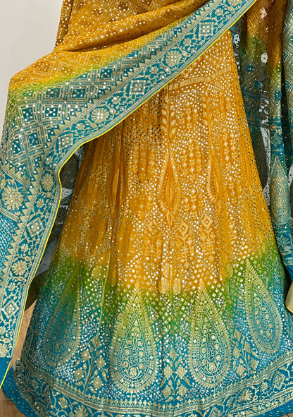 Multicolour Mukaish Bandhej Lehanga Set