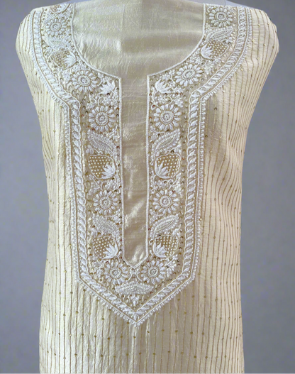 Pure silk Chikankari kurta showcasing intricate embroidery and embellishments, perfect for elegance on special occasions.