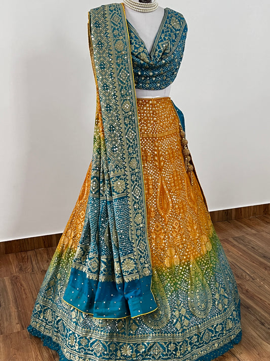 Multicolour Mukaish Bandhej Lehanga Set