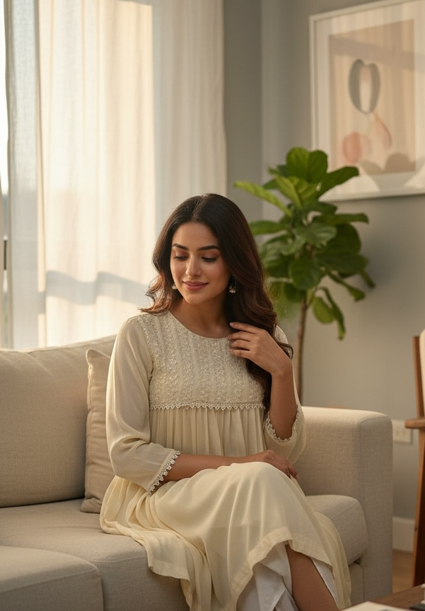 Ivory Georgette Short Flared Shirt with Handcrafted Chikankari & Embellishments