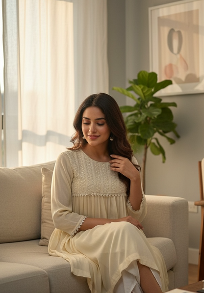 Ivory Georgette Short Flared Shirt with Handcrafted Chikankari & Embellishments