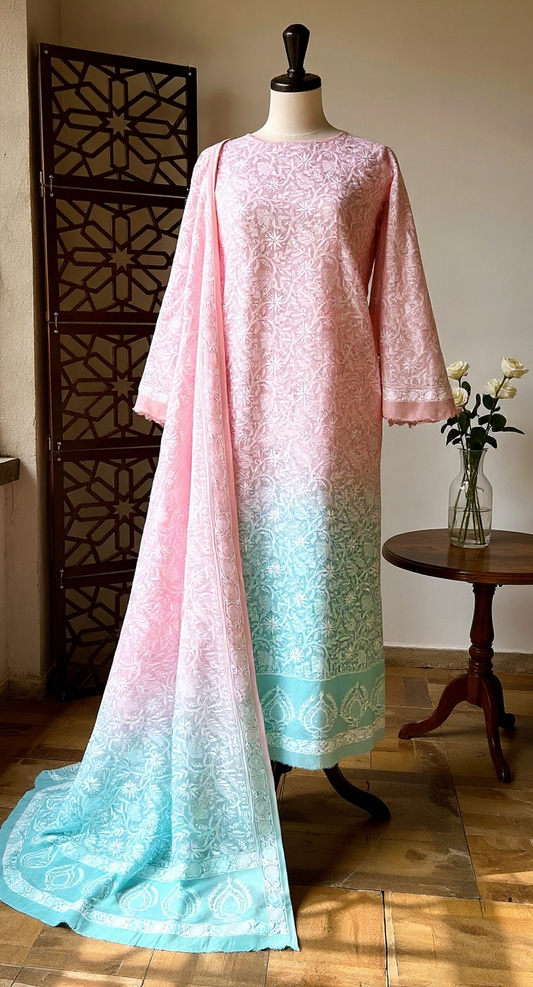 Sea Foam Green and Blush Pink Pure Georgette Chikankari Suit