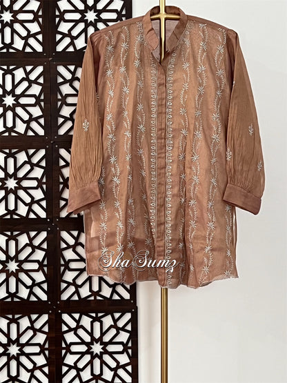 Copper Tissue Chanderi Silk Chikankari Shirt