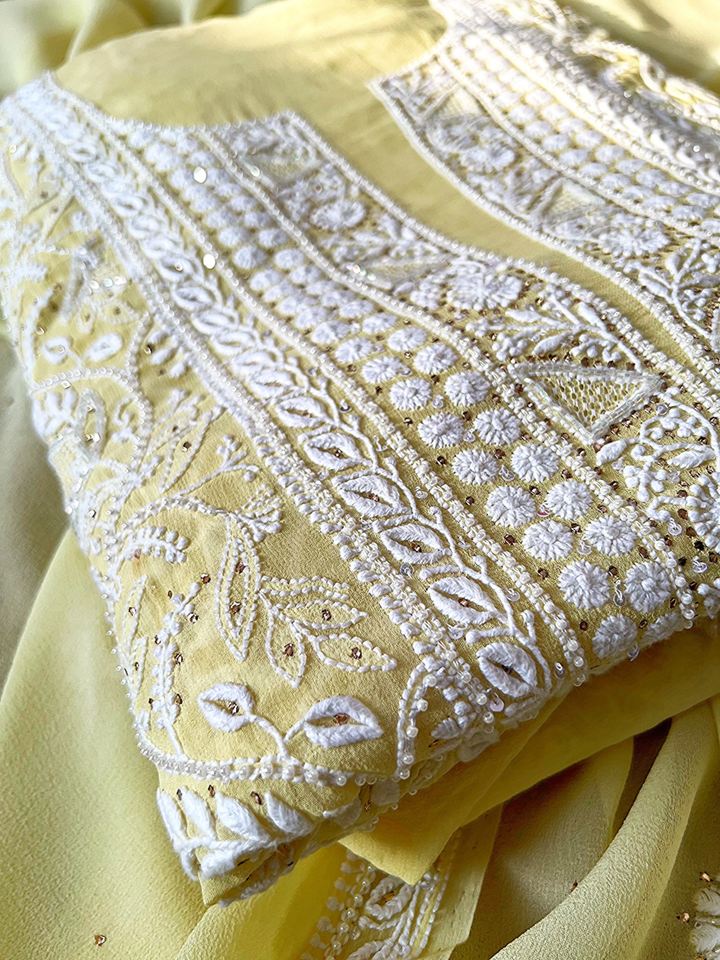 Soft Pastel Yellow Pure Georgette Suit with Do Taar Chikankari, Kamdani & Embellishments