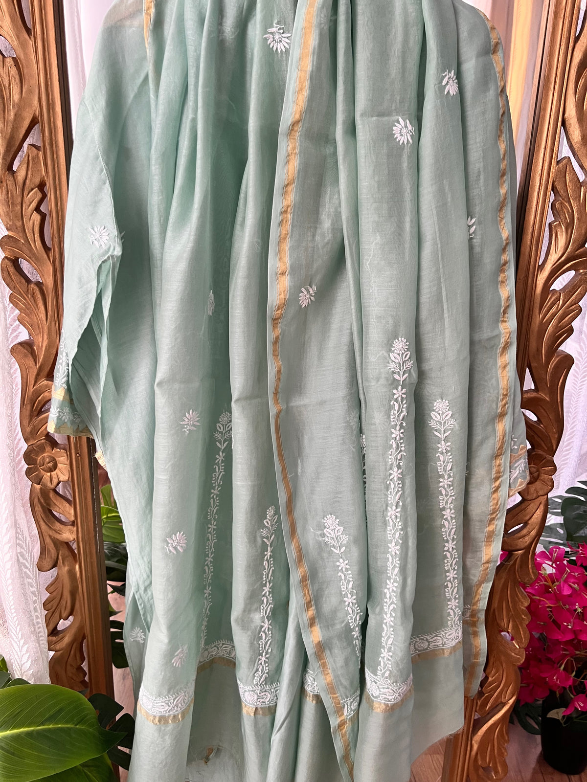 Moss green Pure Chanderi Silk Kurta Set with Chikankari and Applique
