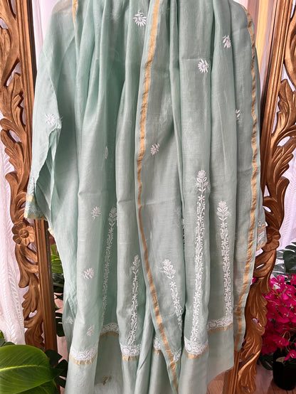 Moss green Pure Chanderi Silk Kurta Set with Chikankari and Applique