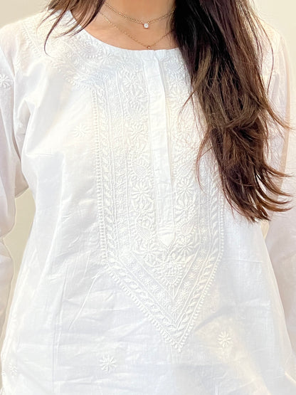 Pearl White Cotton Kurta with Chikankari & Haath Jaali