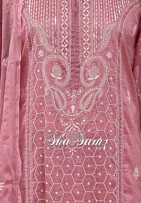 Pink Tissue Chanderi Suit with Chikankari & Pearls