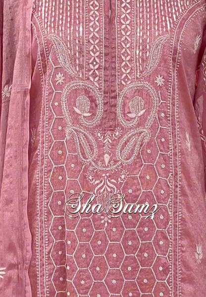 Pink Tissue Chanderi Suit with Chikankari & Pearls