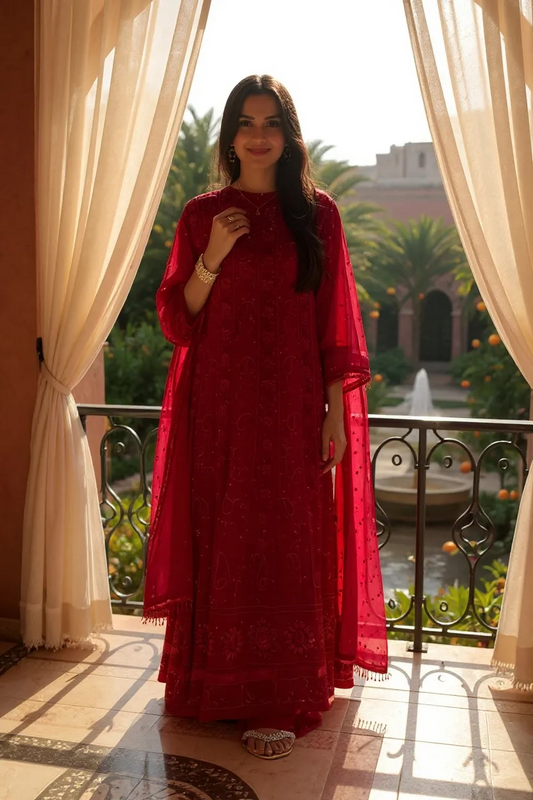 Crimson Red Anarkali with Chikankari & Embellishments.