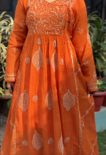 Rust Orange Tissue Angarkha with Chikankari