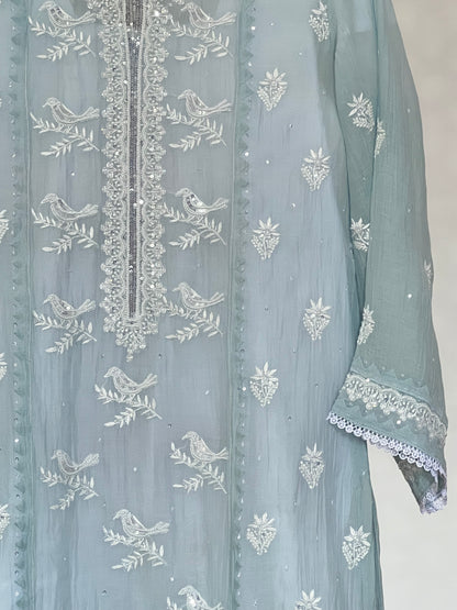 Powder Blue Birds Design Mul Chanderi Kurti