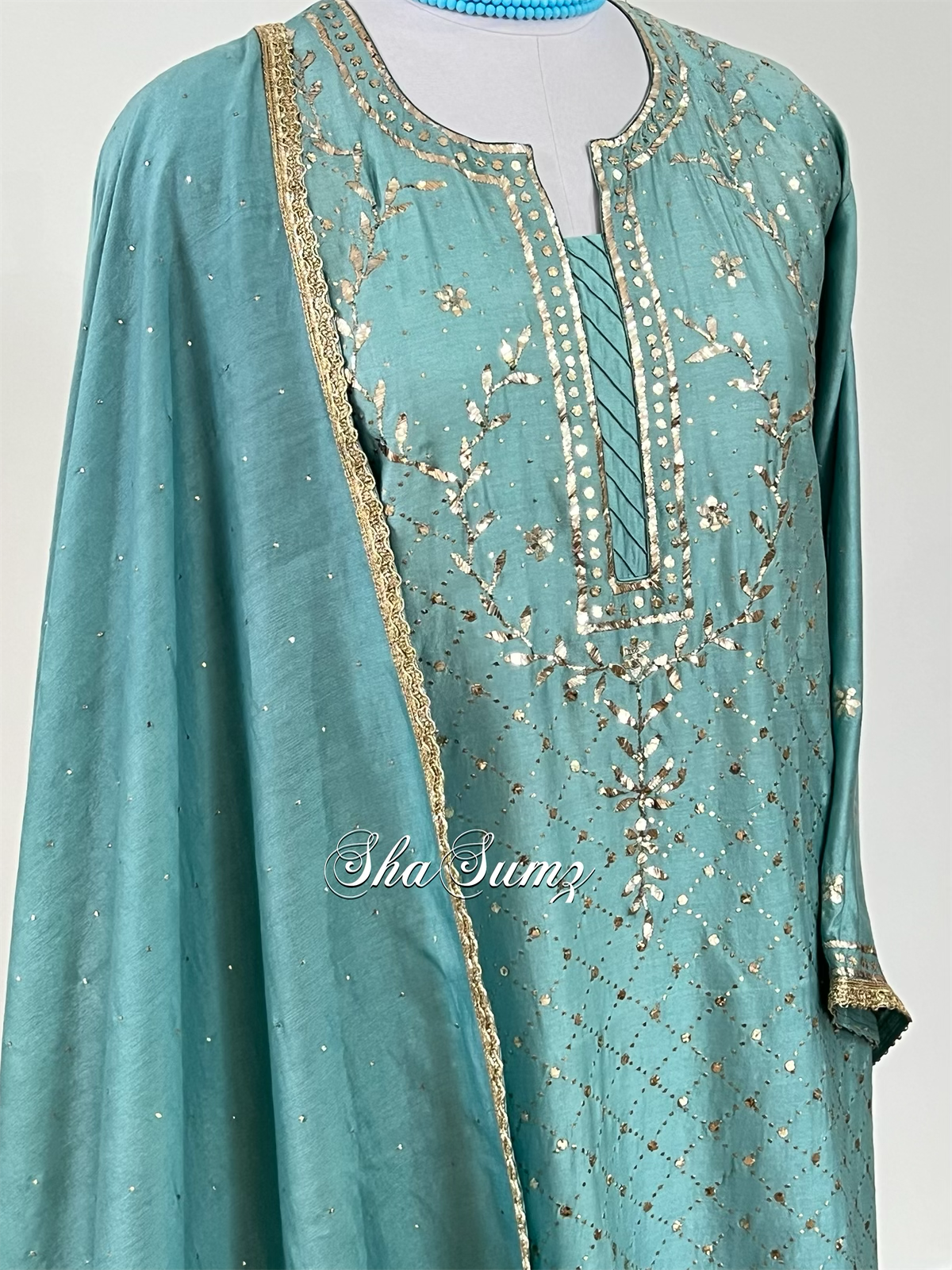 Teal Green Badla Mukaish Chanderi Suit