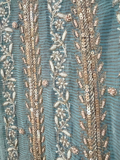 Blue Striped Tissue Chanderi Anarkali - Chikankari and Embellishments