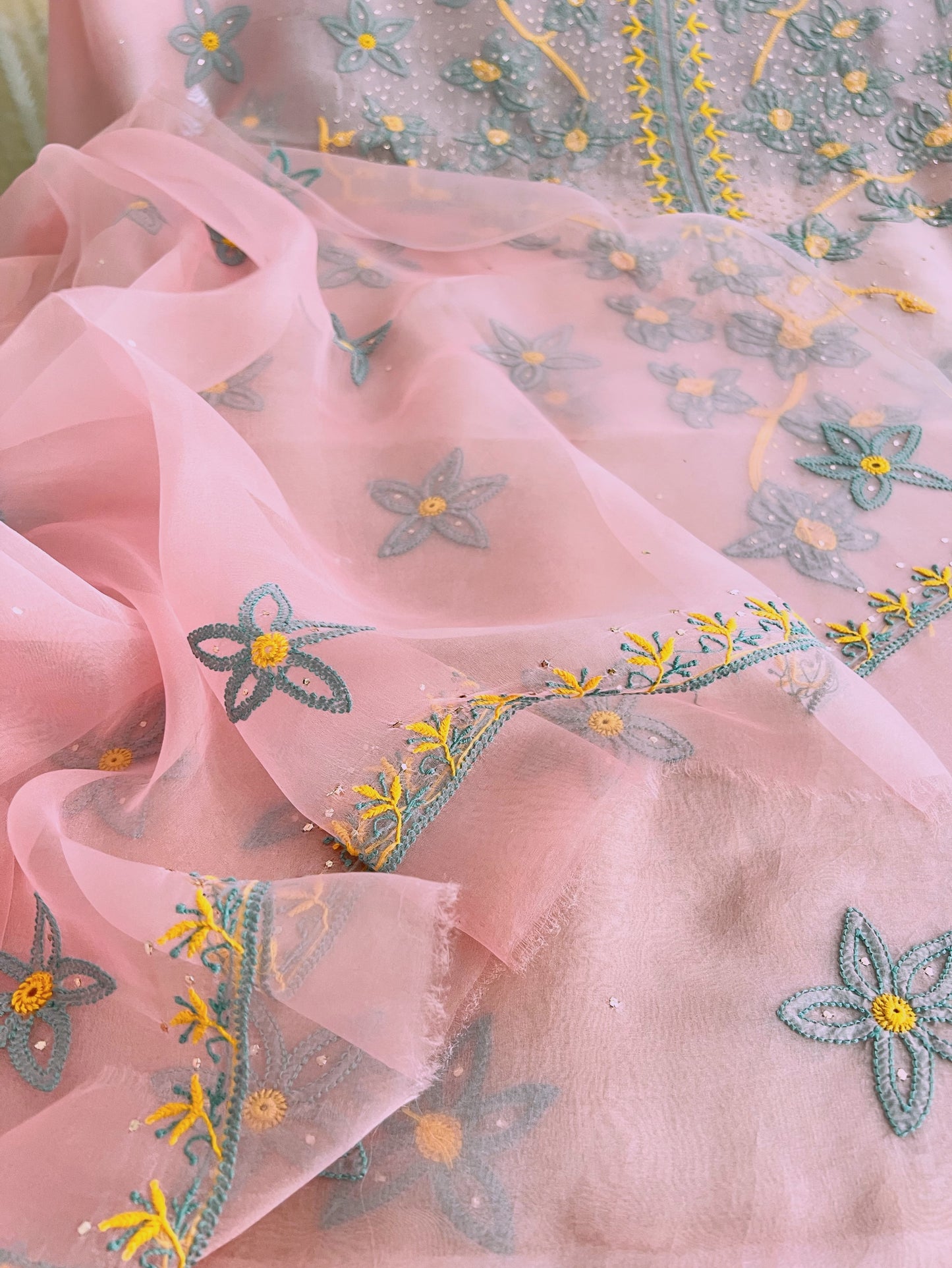 Pure Organza Silk Chikankari & Kamdani Suit Set