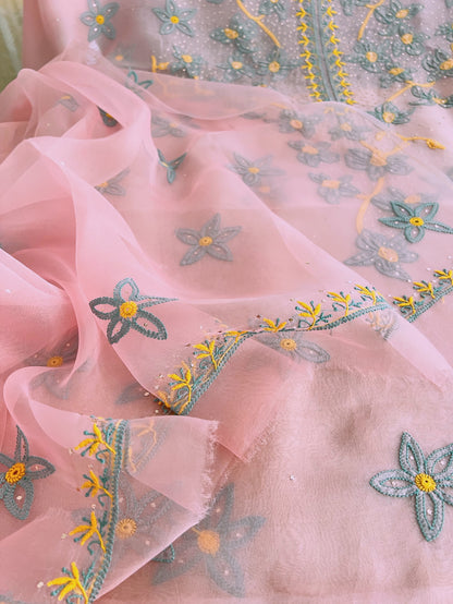 Pure Organza Silk Chikankari & Kamdani Suit Set