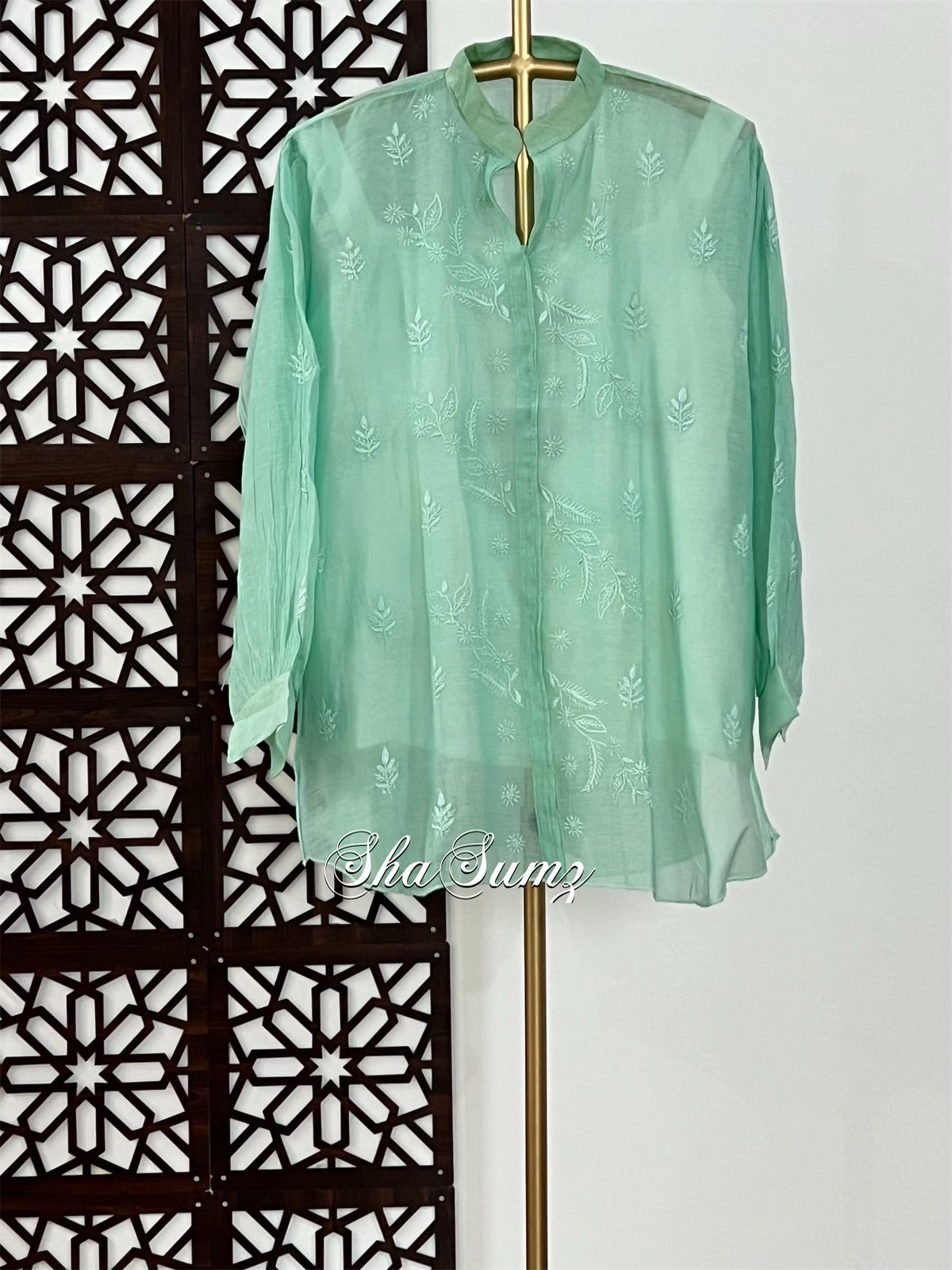 Sea Green Mul Chanderi Chikankari Shirt