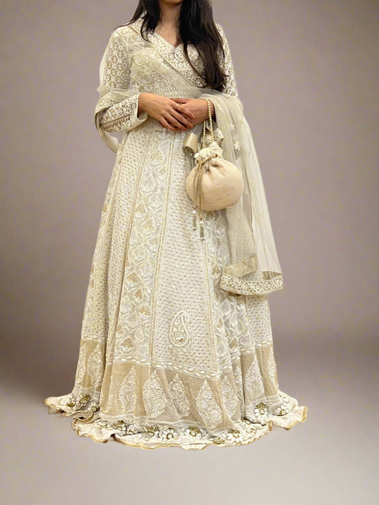 Ivory & Gold Lehenga Skirt with Chikankari, Zardozi & Embellishments
