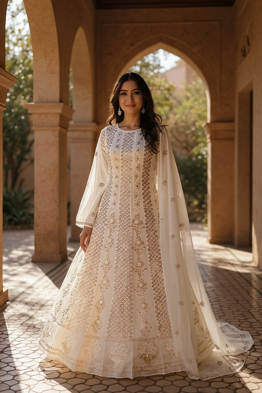 woman standing in Pure Georgette Mukaish & Pearls Anarkali 