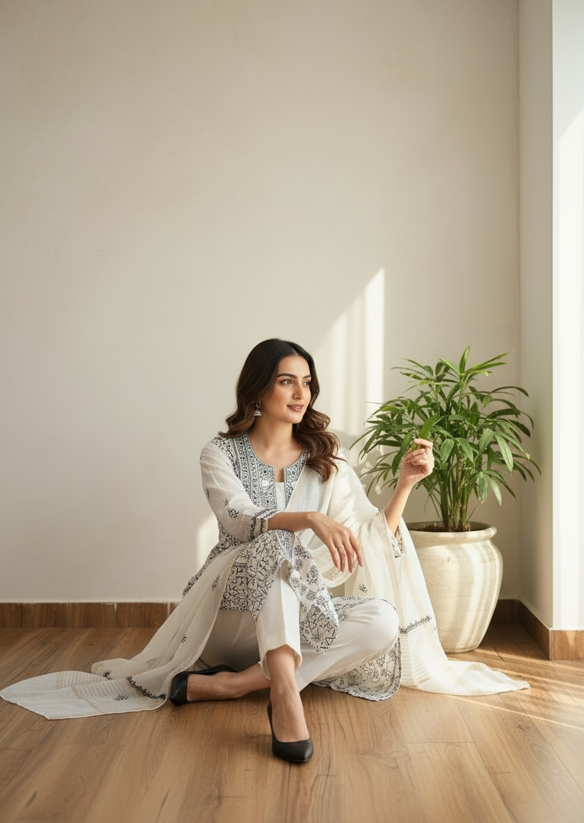 Monochrome Chikankari and Embellishments Kurta Set on Mul Chanderi with intricate detailing in natural light.