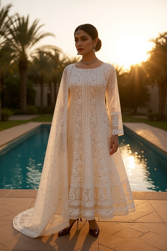 Ivory Gold Anarkali with Chikankari & Mukaish