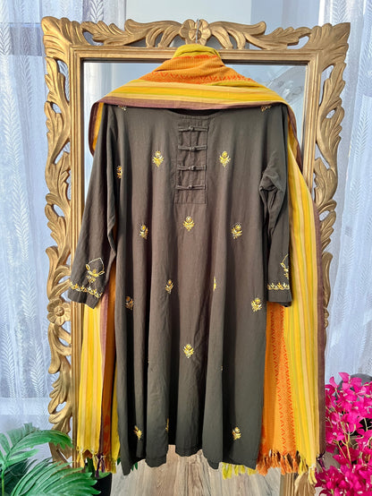 Olive Green Kurta Set with Multi Colour Chikankari & Haath Jaali