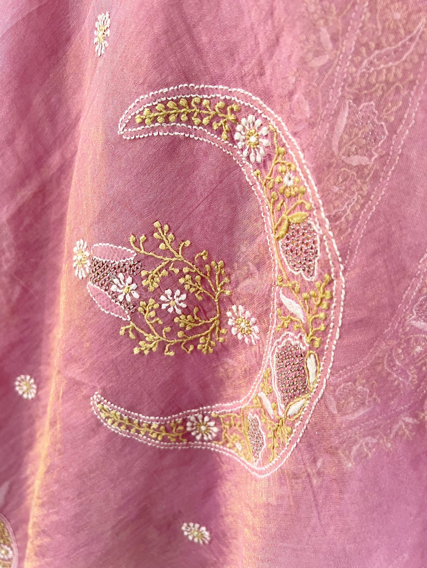 Dusty Rose Tissue Chanderi Silk Suit with Chikankari | Crescent Design