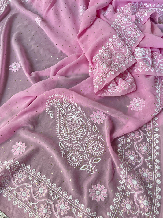Rose Pink Do Taar Chikankari Paisley & Kamdani Pure Georgette Dupatta