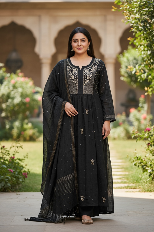 Black Mul Chanderi Bhopali Peshwaz with Mukaish