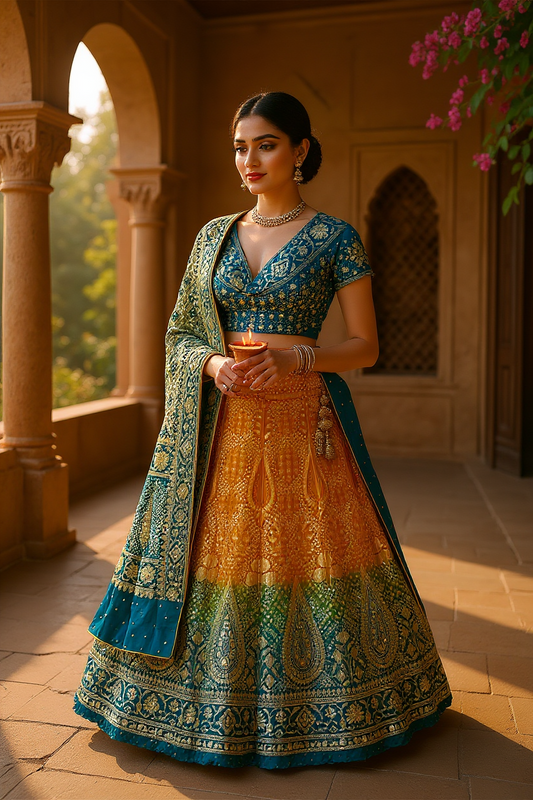 Multicolour Mukaish Bandhej Lehanga Set