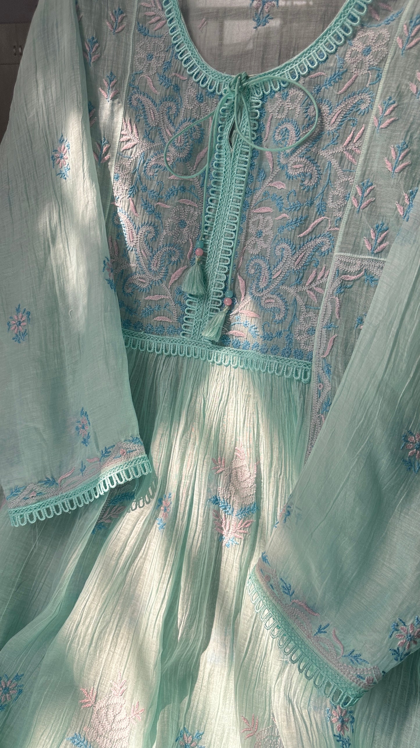 Cool Mint Green Mul Chanderi Peshwaz with Chikankari