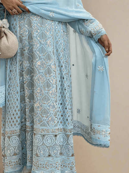 Powder Blue Anarkali with Chikankari & embellishments