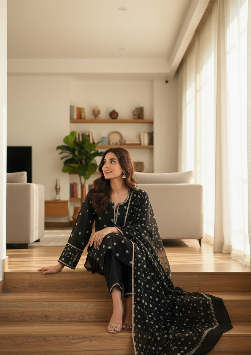 Black Chanderi suit with Chikankari worn by a woman sitting on stairs in a modern living room.