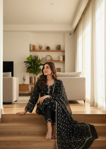 Black Chanderi suit with Chikankari worn by a woman sitting on stairs in a modern living room.