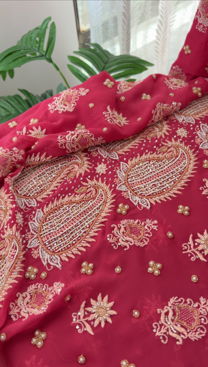 Soft Red Pure Georgette Suit with Chikankari & Embellishments