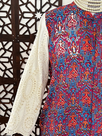 Cotton Net Kurti with Chikankari Motif