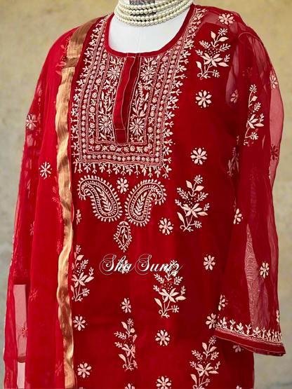 Crimson Red Organza Suit with Ivory Chikankari & Mukaish