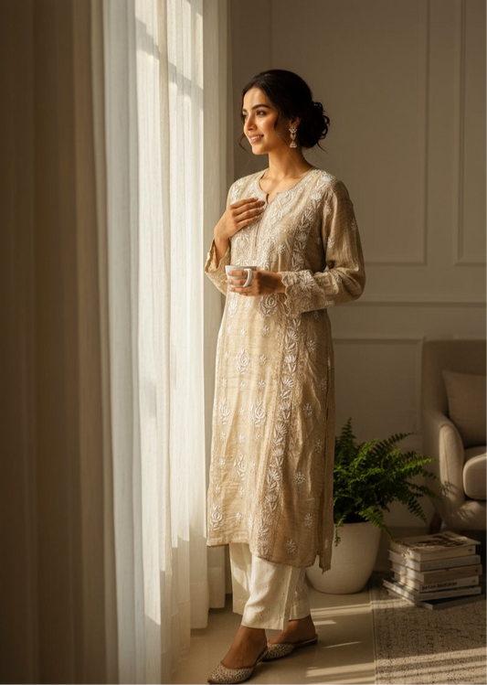 Woman wearing Pure Tussar Silk Chikankari Kurta with Mukaish standing by the window 