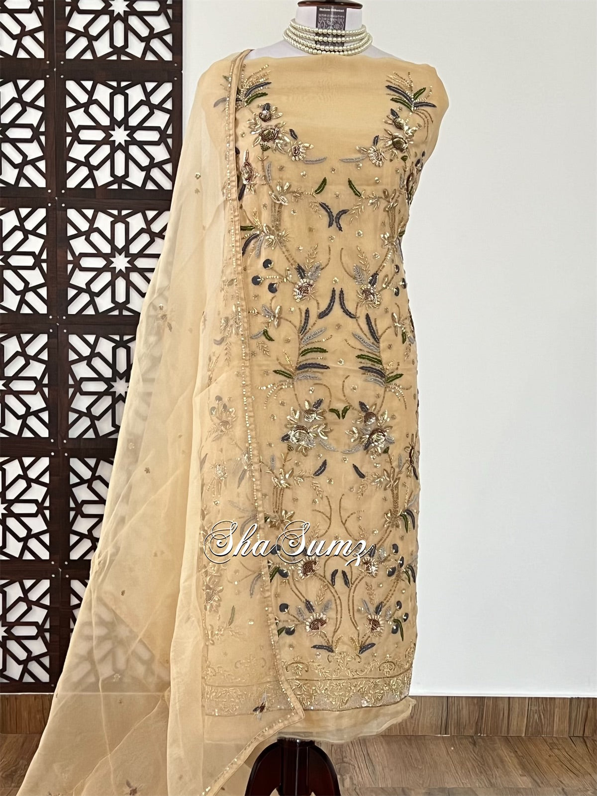 Golden Beige Pure Organza Silk Suit with Zardozi