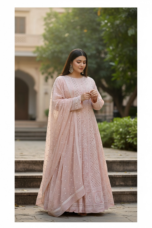 Pastel Peach Chikankari & Mukaish Anarkali – Pure Georgette Elegance