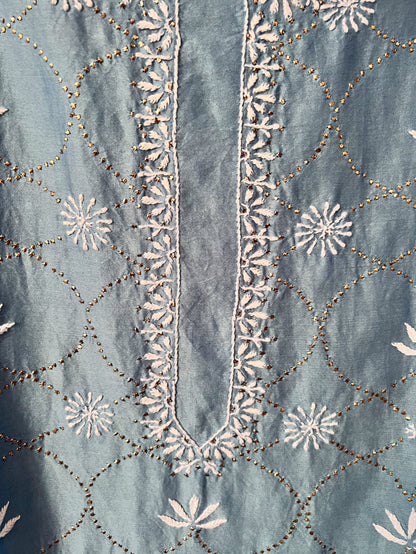 Powder Blue Chikankari & Mukaish Chanderi Silk Suit Set