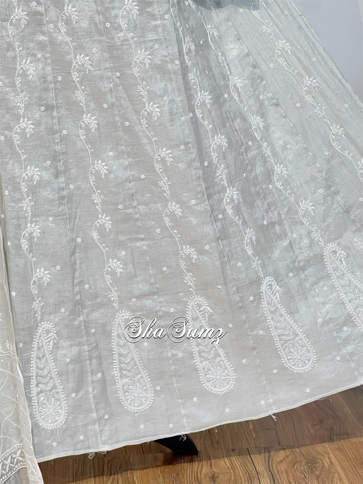 Silver Tissue Chikankari & Embellishments Anarkali