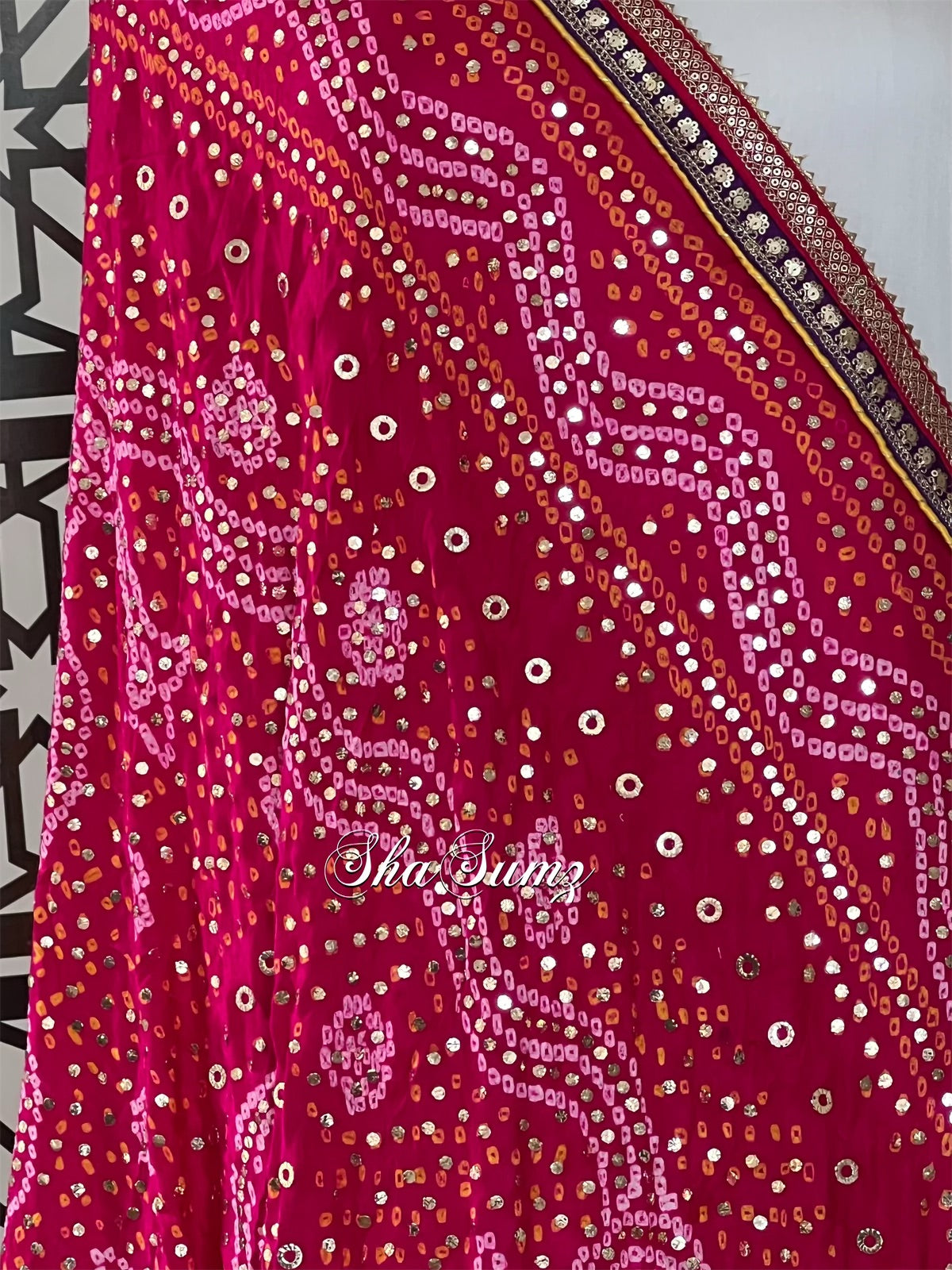 Royal Fuchsia Pink Silk Bandhej Dupatta with Mukaish